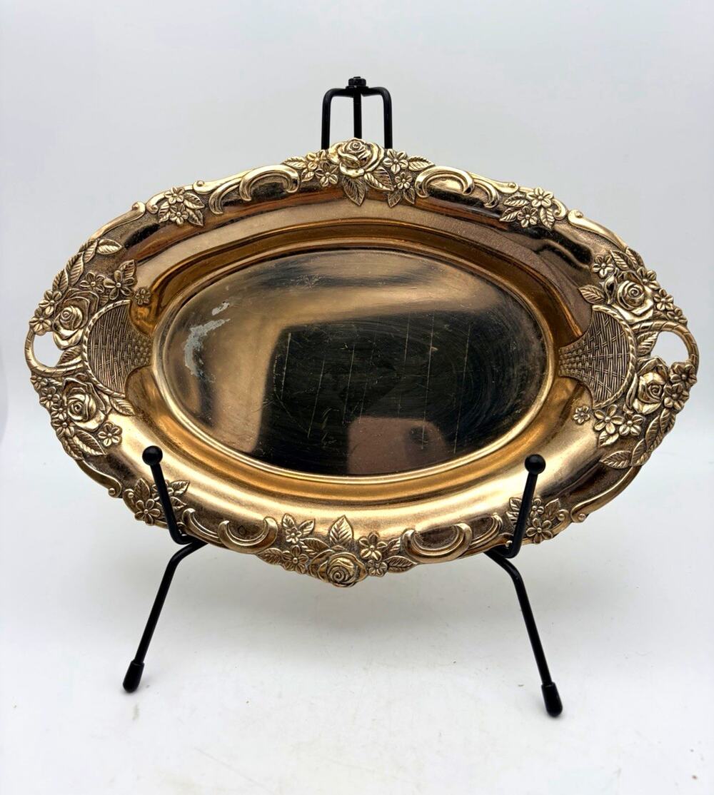 Oval Metal Serving Tray w/ Handles, Floral Rim Pattern, Silver Tone